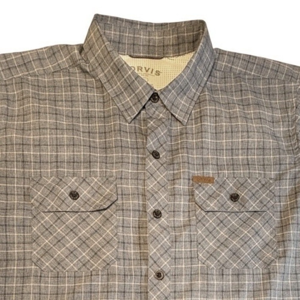 Orvis Button Down Shirt Mens Large Blue Plaid Short Sleeve Hiking Fishing Travel